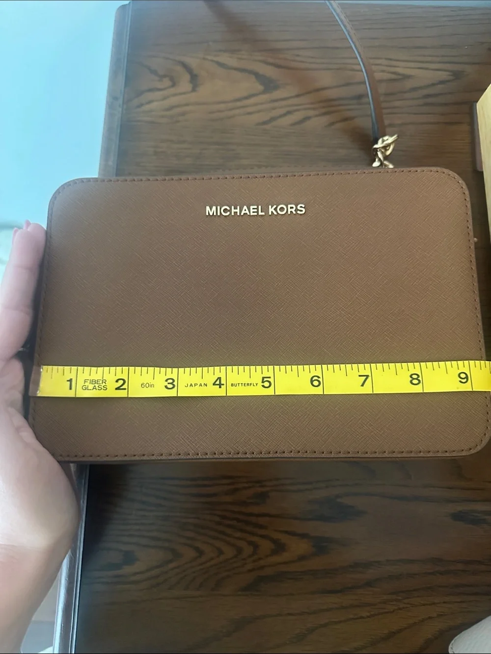 MICHAEL KORS Brown Saffiano Leather Crossbody with Gold Chain Trim